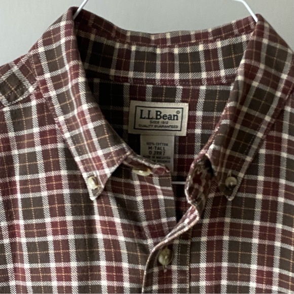 LL Bean cotton Shirt Size Medium Long ML brown plaid burgundy red Button Down - Picture 11 of 16